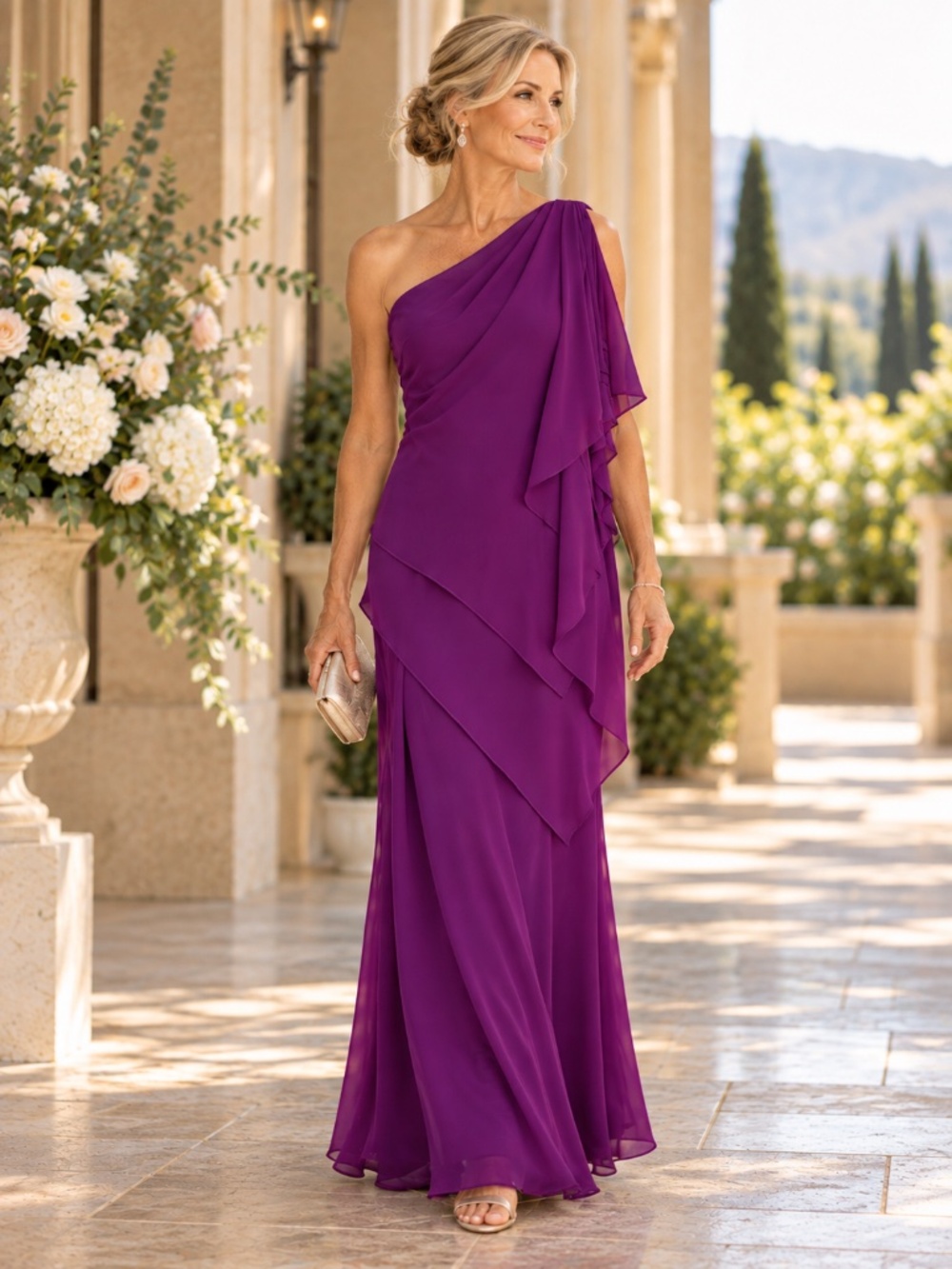 Lauren Ralph Lauren Purple One Shoulder Cascading Chiffon Formal Gown Size 14